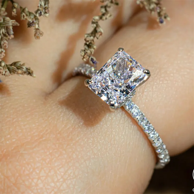 Anillos de piedra rectangulares clásicos para mujer, Color plateado, cuadrado geométrico, circonita blanca, alianzas de boda, anillo de compromiso, joyería nupcial