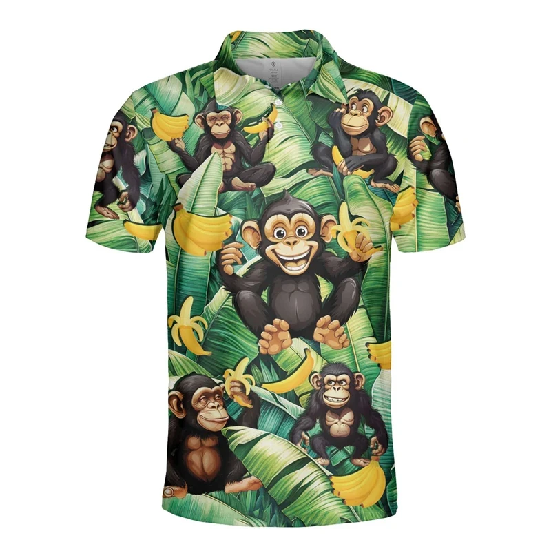 Hip Hop Hawaiian Monkey 3D Print Polo Shirts For Men Clothes Harajuku Fashion Short Sleeve Funny Animal Lapel Polo Shirt Tops