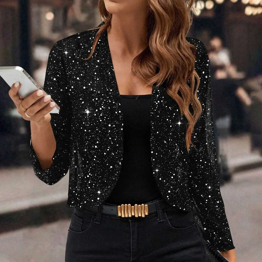 

Refined Temperament 3/4 Sleeve Lady Cardigan Shiny Decoration Open Front Sun-Proof Tops Soft Comfort Short Jackets Holiday Party