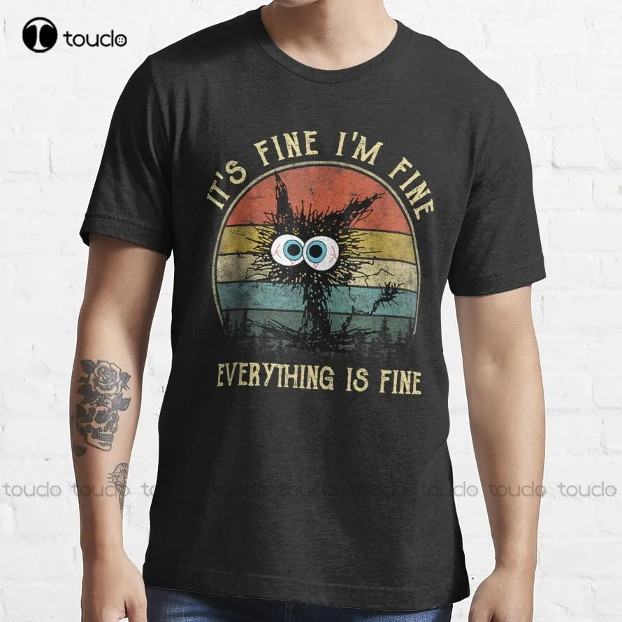 It'S Fine I'M Fine Everything Is Fine Funny Black Cat Trending T-Shirt Womens Graphic Tees Funny Art Streetwear Cartoon Tee New