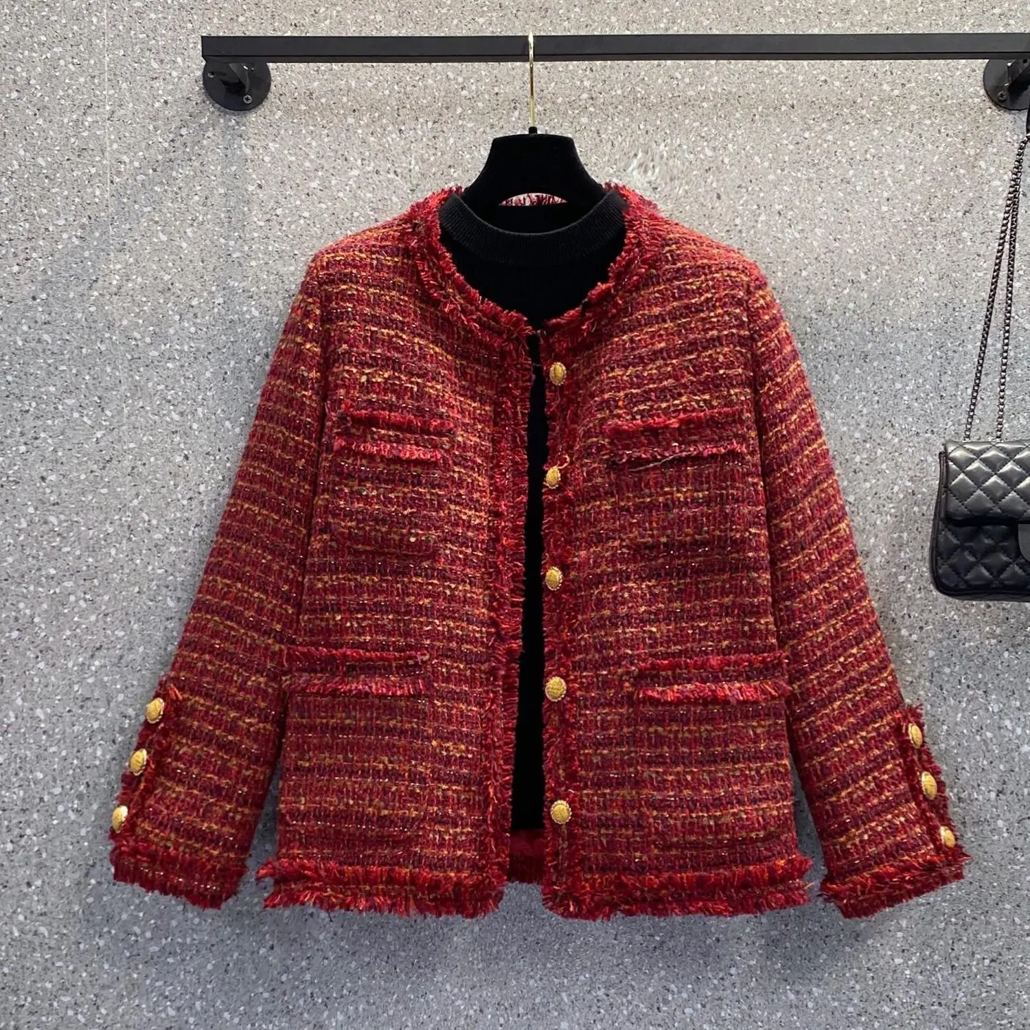 

Women Vintage Tweed Jacquard Red Jacke Long Sleeve Winter Warm Cold Coat Female Elegant Chic Top Ladies Outwear Free Ship Cloth