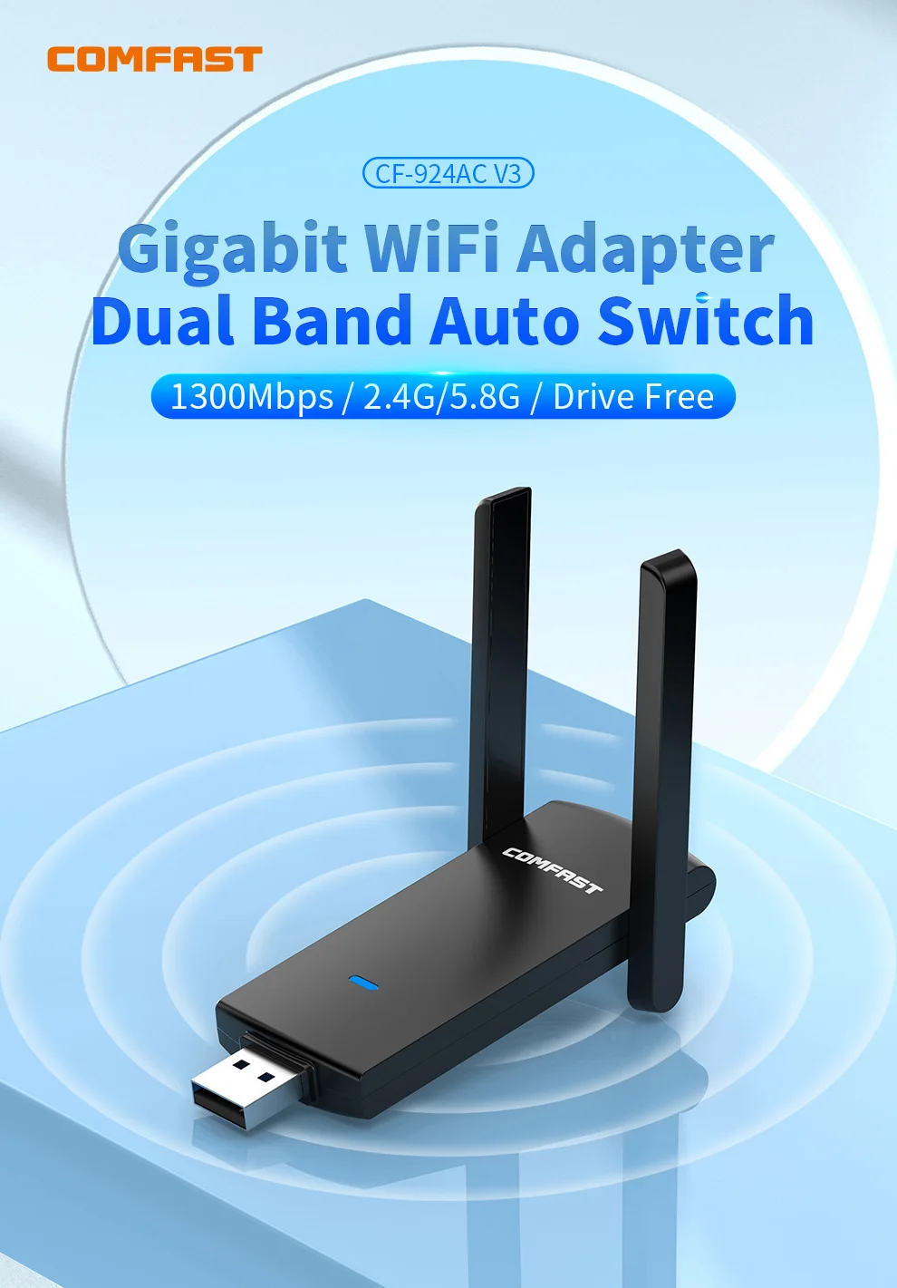 COMFAST-Drive Free Gigabit WiFi Adapter, Suporte a Placa de Rede Dual Band, WPA3, MU-MIMO, Dongle Sem Fio para Win 7, 8, 10, 11, 2.4G, 5G