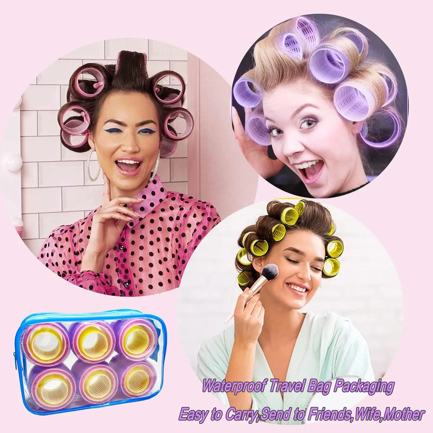 طقم مكواة تجعيد حرارية مكون من 18 قطعة، 3 مقاسات مع 18 مشبكًا ومشط واحد، فيلكرو ذاتي القبضة للصالونات والسفر