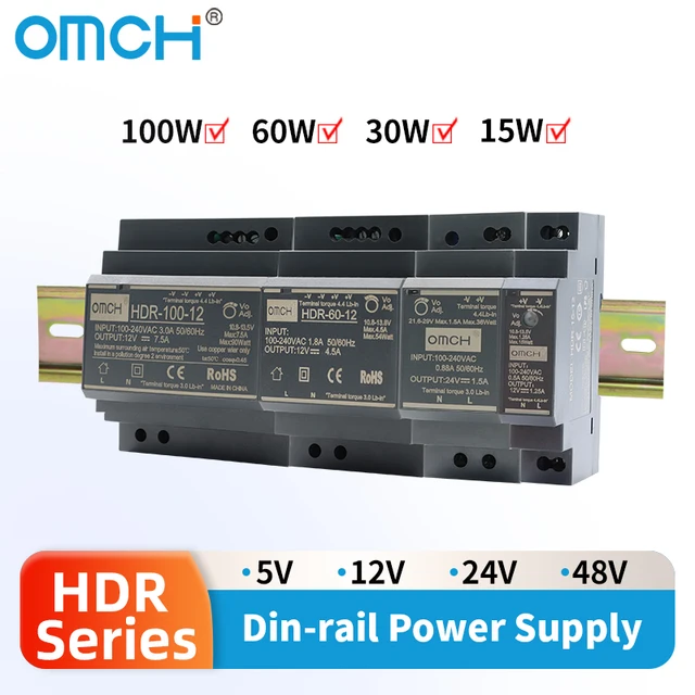 Zasilacz impulsowy na szynę DIN serii OMCH HDR, model HDR-15, 100-240VAC, 15W 30W 60W 100W, zasilanie AC na DC, napięcie 5V 12V 24V 48V, prąd 0-7.1A, SMPS