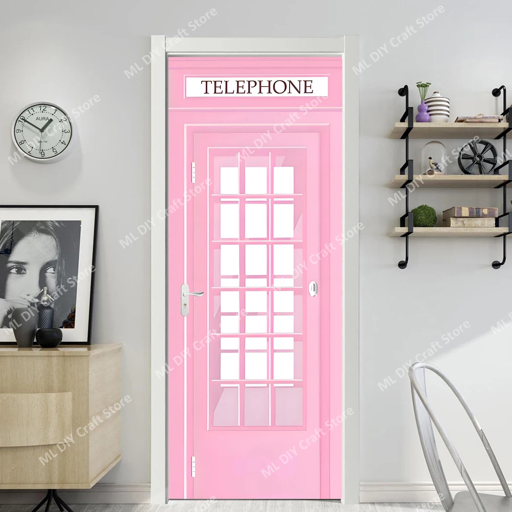 Retro Telephone Booth Door Sticker Bookcase Wine Cabinet Container Poster Vinyl PVC Waterproof Self-Adhesive Door Sticker