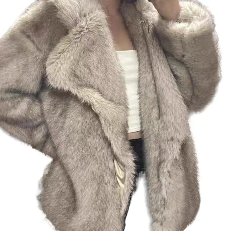 

Новое женское пальто из искусственного меха лисы, средней длины, с большим отложным воротником, свободного кроя, в стиле интернет-селебрити.