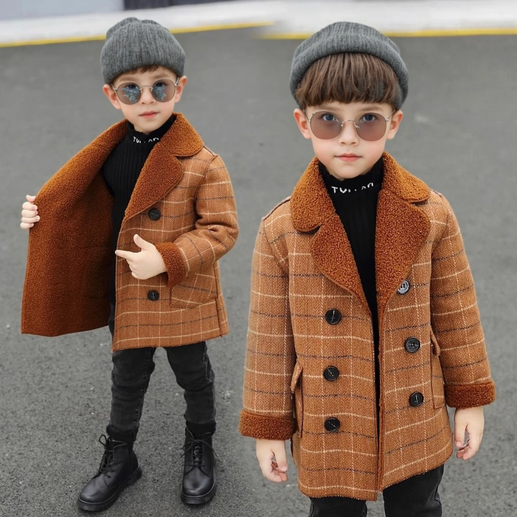 Little Boys Winter Thick Warm Wool Coat Teenager Kids Photography Woolen Coat School Children Windproof Outdoor Jacket 2-11Y