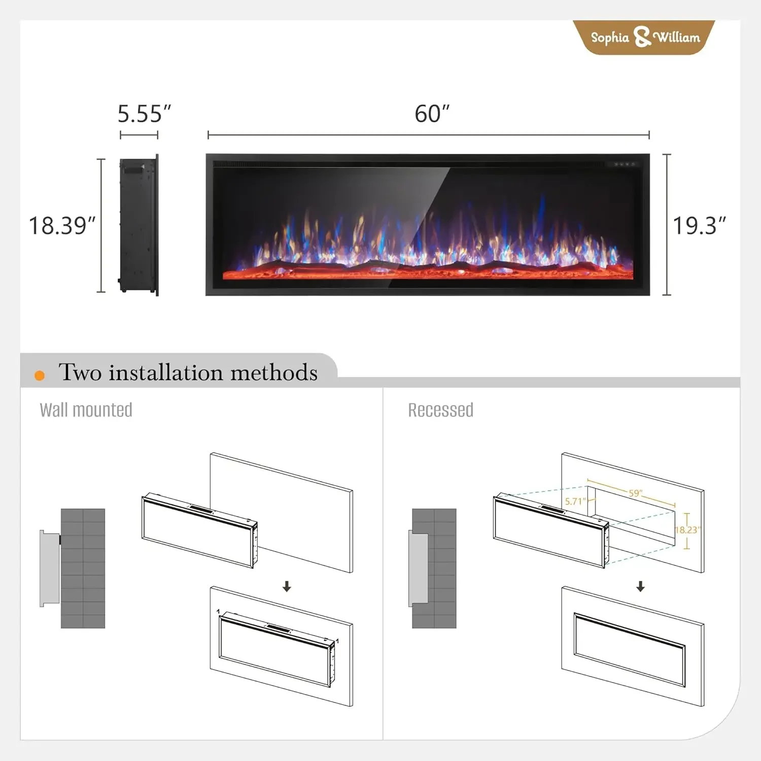 Fireplace 60 inch Wall Mounted with Remote Control, Recessed Fire Place Heater Ultra Thin Slim for Indoor Use, Modern B