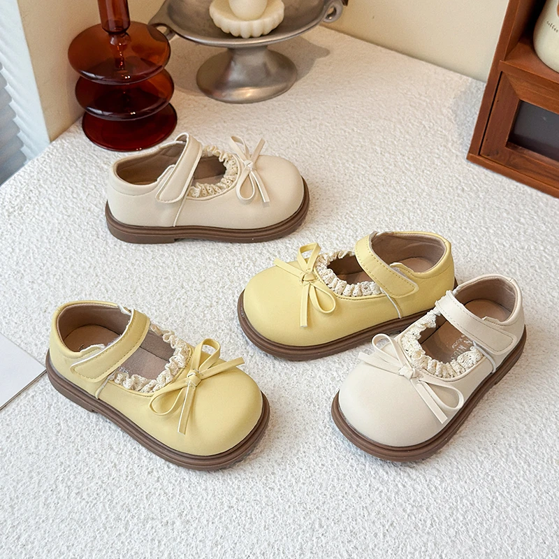 

Spring Autumn Children's Flats Elegant Ruffled Edge Girls Fashion Leather Shoes Sweet Bowknot Kid Causal Performance Dress Shoes