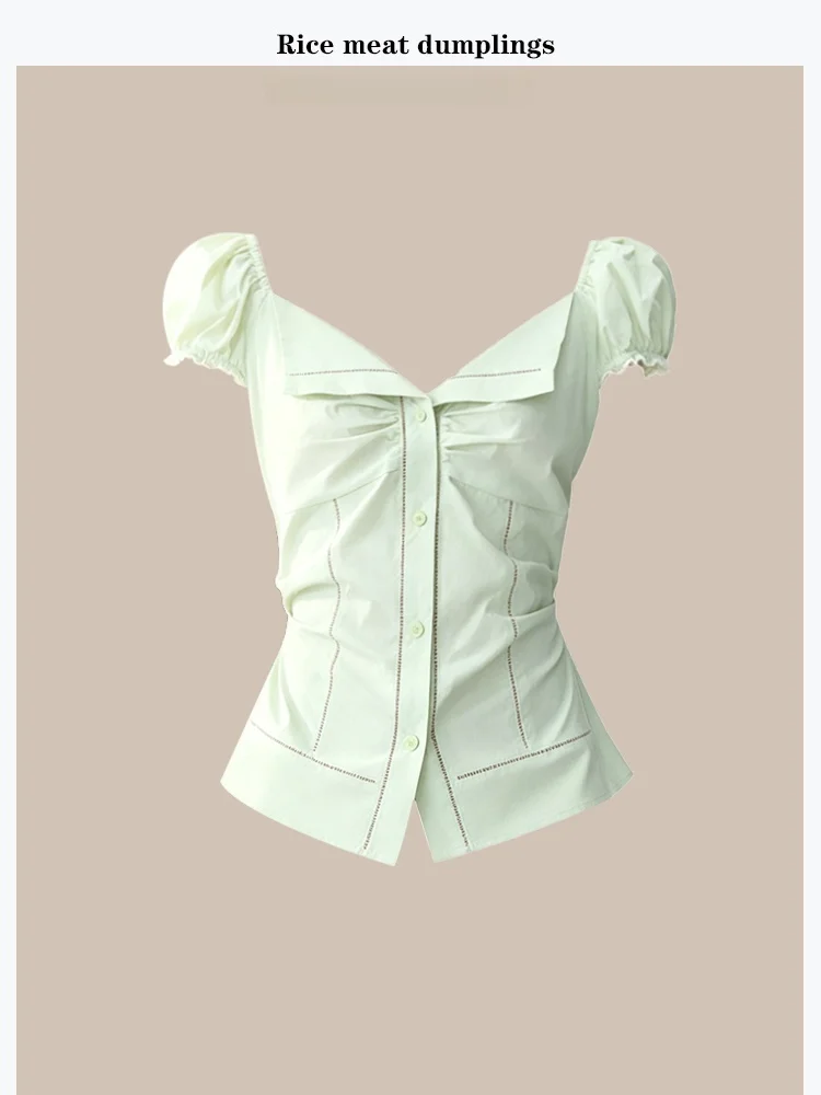

Summer Polka Dot Pleated Waist Tie Lace Bubble Sleeve Shirt Short Sleeve Korean Style Women's Casual Fashion Cotton Silk Blend