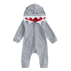 Newborn Infant Baby Boy Cartoon Shark Zip Up Long Sleeve Hooded Romper Jumpsuit  Bodysuit Costume Outfit