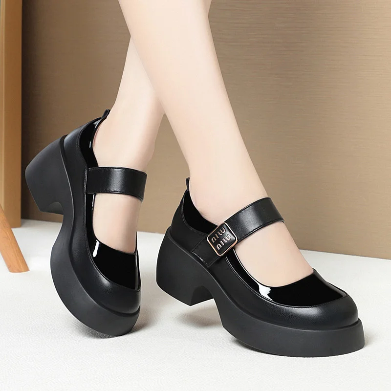 Women\'s Buckle Platform Pumps Round Toe High Heel Mary Jane Shoes 2024 New Elegant Anti-slip Black Soft Leather Single Shoes