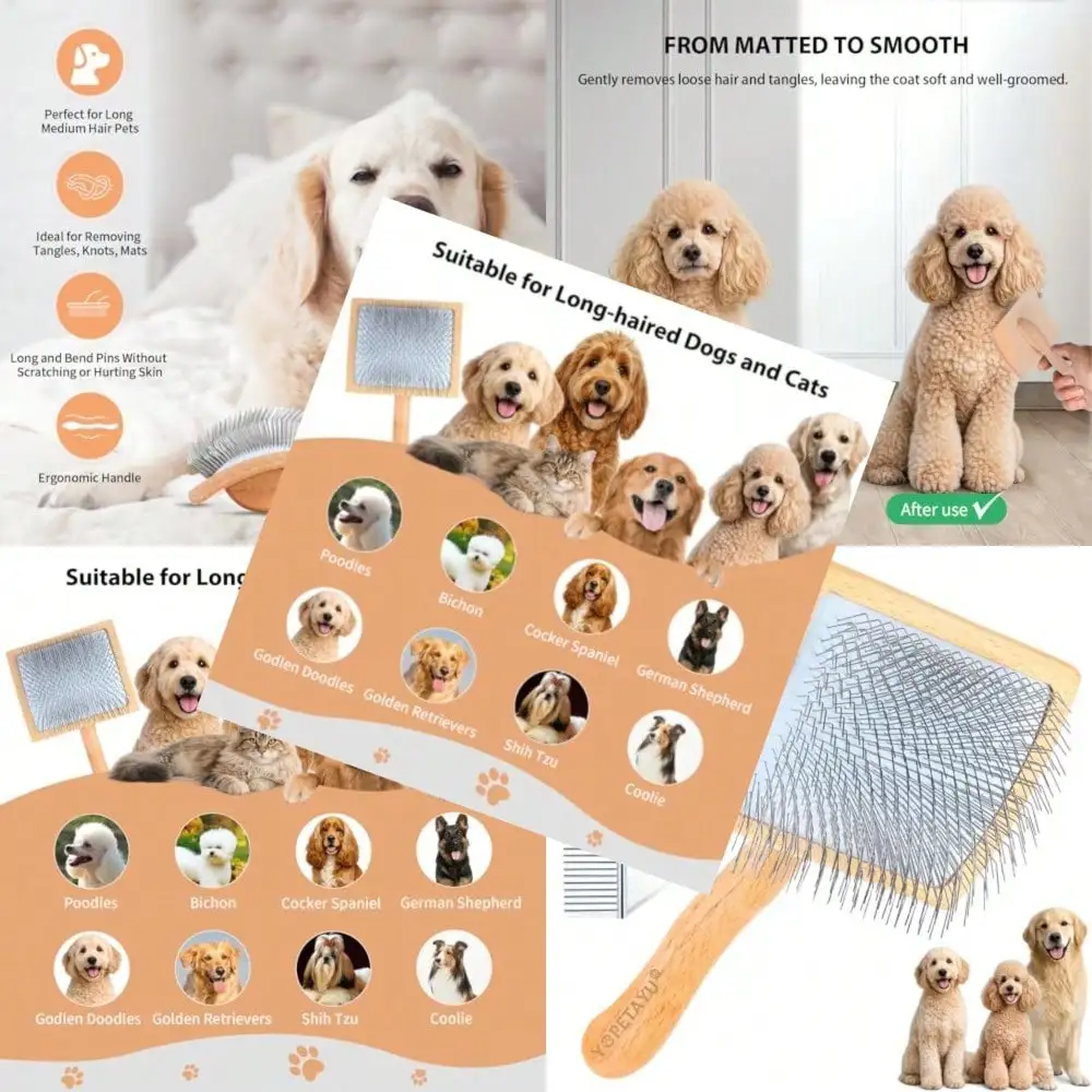 

Dog Slicker Brush For Goldendoodles Poodles And Long Hai Dogs - Long Pin Doodle Brush And Pet Comb Kit Removes Tangles Loose And Knots Professional Grooming Tools With Wooden Handle