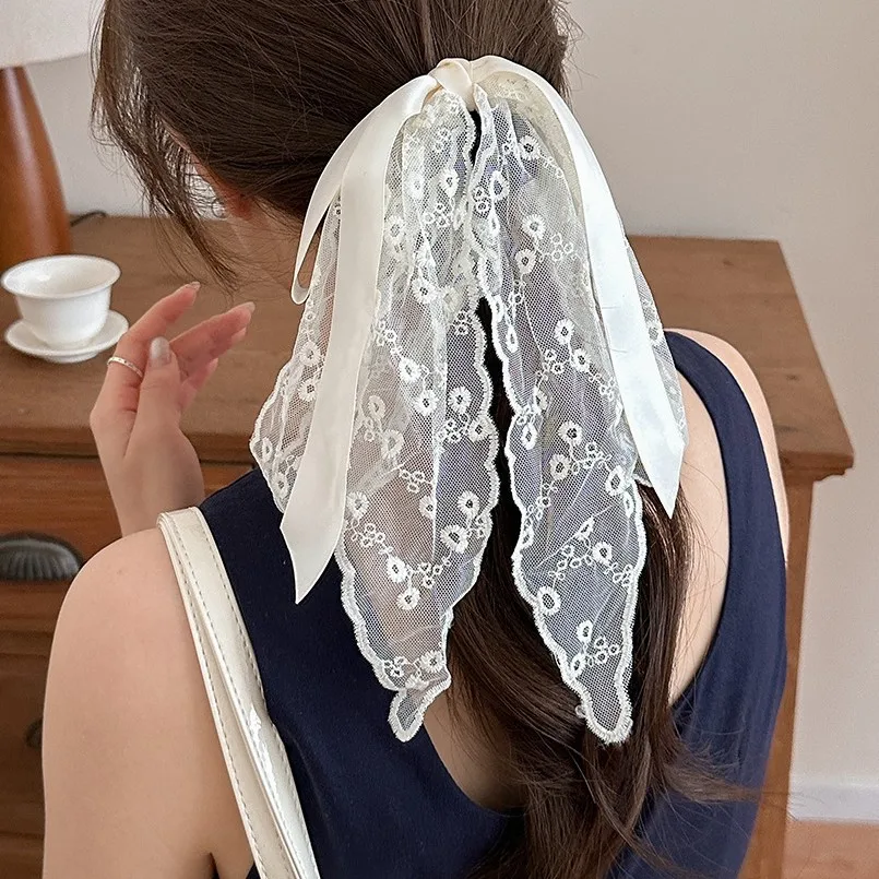 French Lace Ribbon Bow Hair Claw Clip Premium Elegant Updo Ponytail Holder for Women Daily Use Versatile Beige