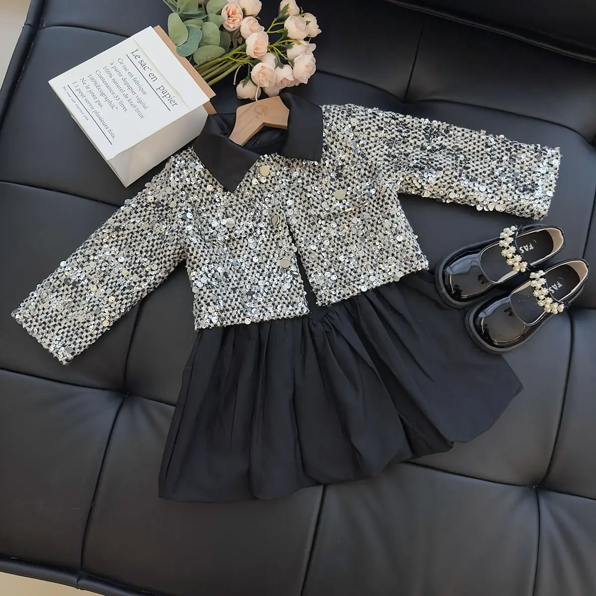 Retail New Baby Girls Fashion Dress Sets, Sequined Coat + Black Dress Princess Elegant Suits Girl 2-7T