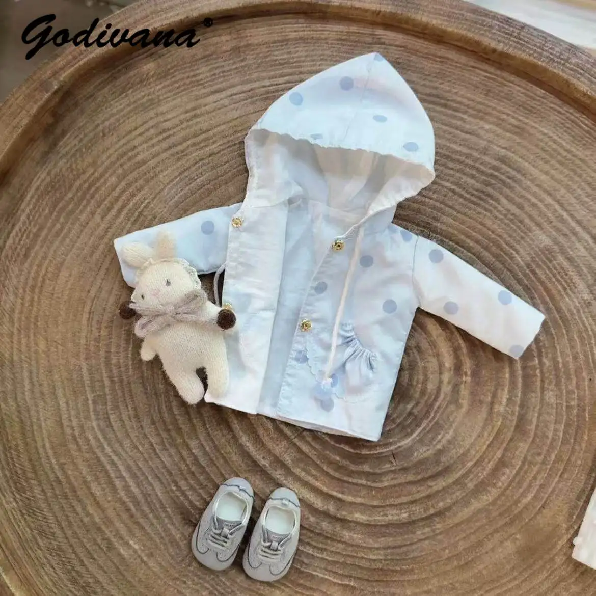 Azone Ob24/22 BJD Doll Clothes New Japanese Cute Blue Polka Dot Ruffle Trim Hooded Coat Versatile Handmade Casual Clothes