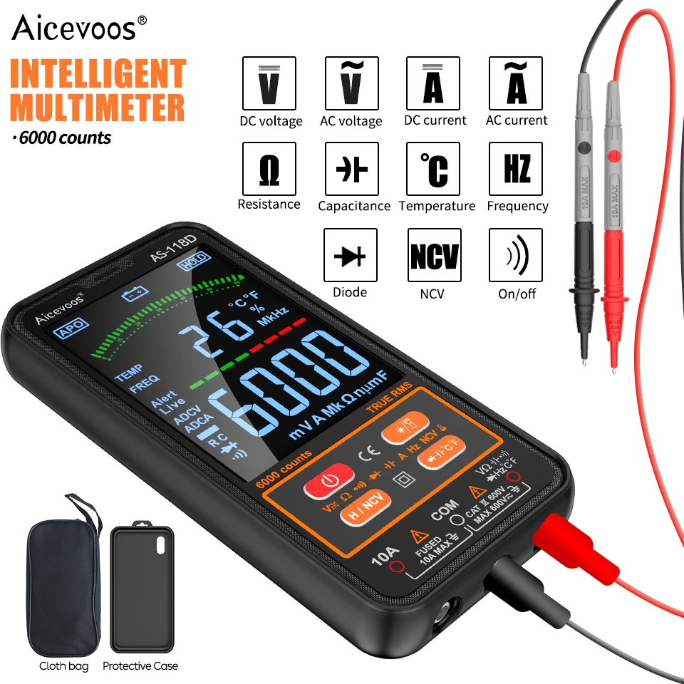 Multímetro Digital Inteligente TRMS Auto Range DC AC Tensão Tester Elétrica Profissional Ohm Medidor Capacitor Multimetro Resistência Transistor NCV