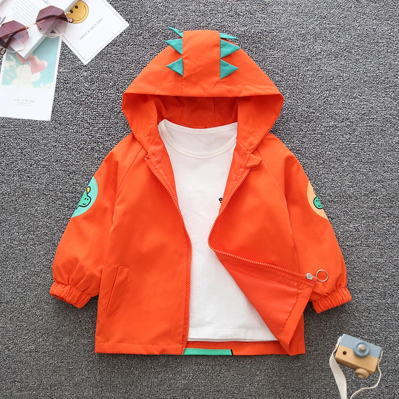 2024 primavera e autunno ragazzi e bambini per il tempo libero Cartoon Dinosaur Splicing Pocket cappotto con cerniera con cappuccio abbigliamento