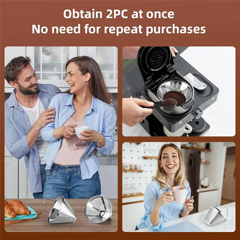 BAAM-filtre à café en acier inoxydable, adapté au remplacement du filtre à café, filtre à café Permanent à 4 cônes 2 pièces