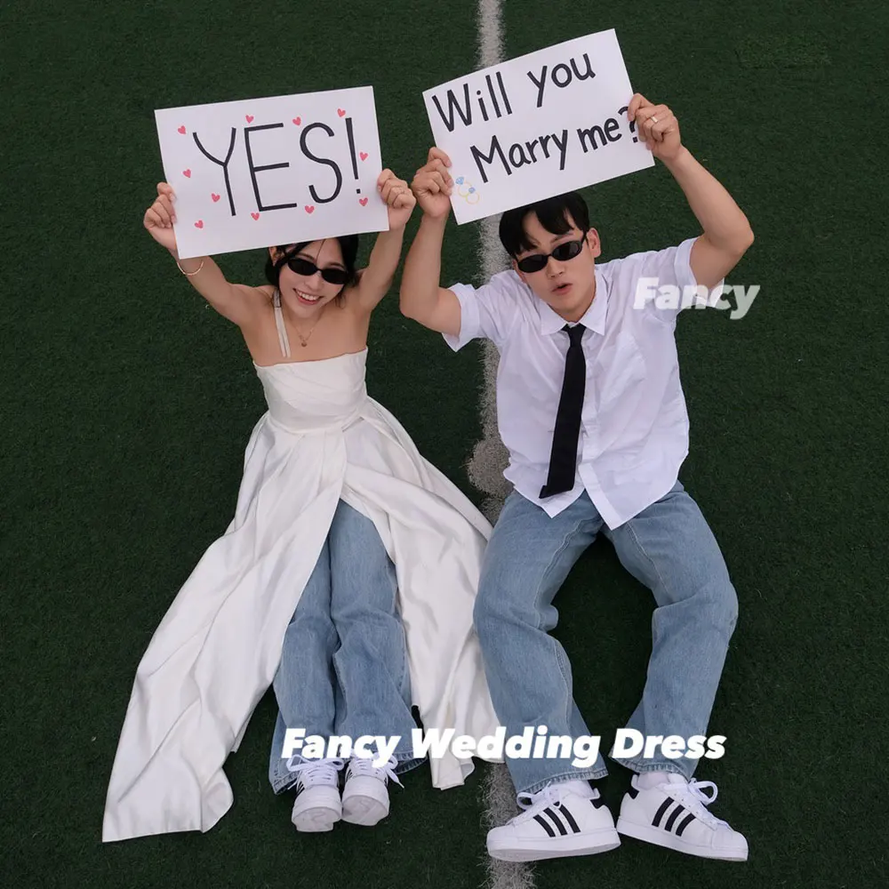 Fancy Simple Strapless Korea Wedding Dress Photograph A Line Soft Satin Bridal Gown Back Corset Customized