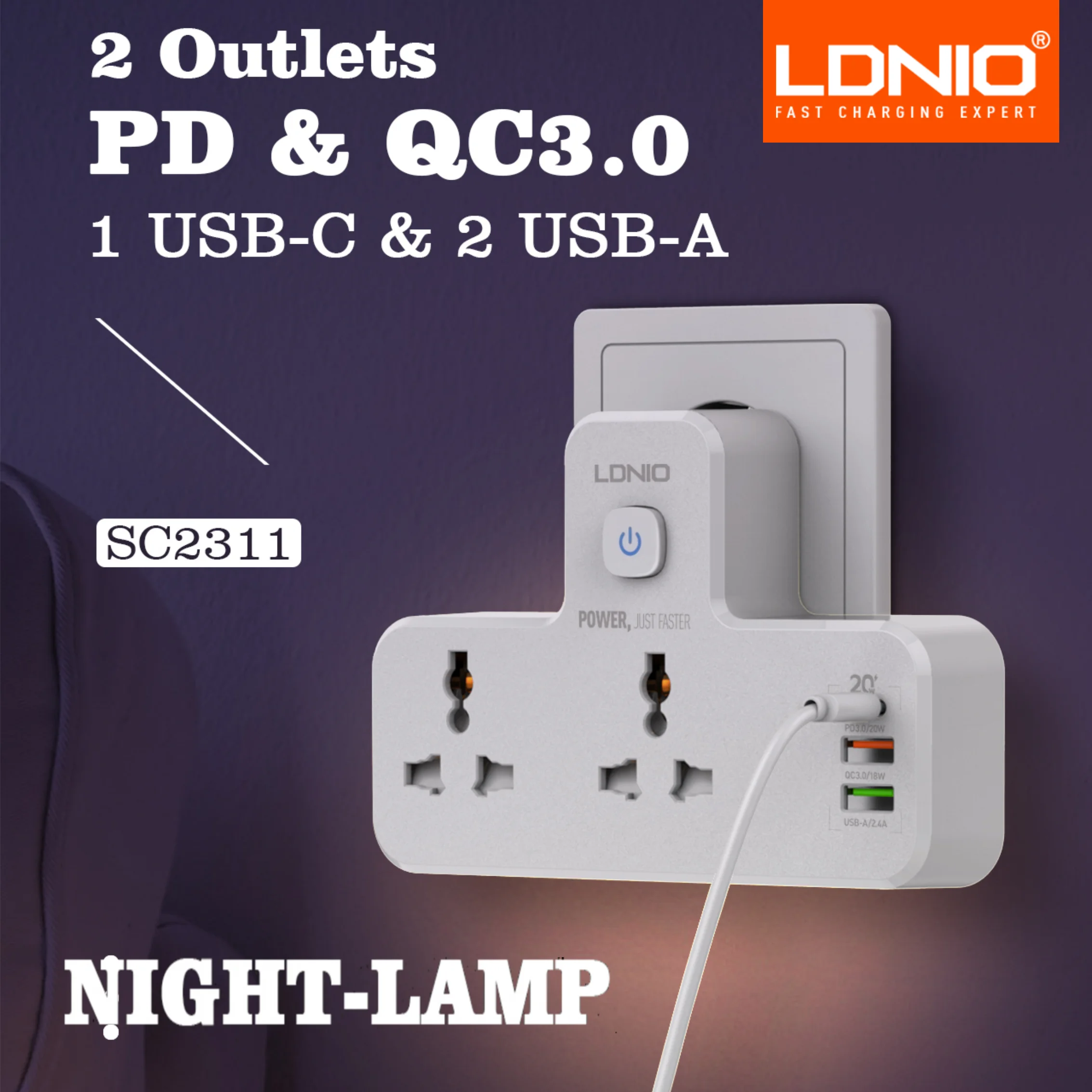 

LDNIO POWER SOCKET Universal 2 Outlet 20W PD QC3.0 3 USB Wall Charger NIGHT-LAMP Power Strip Adapter Multiple Plug Expander