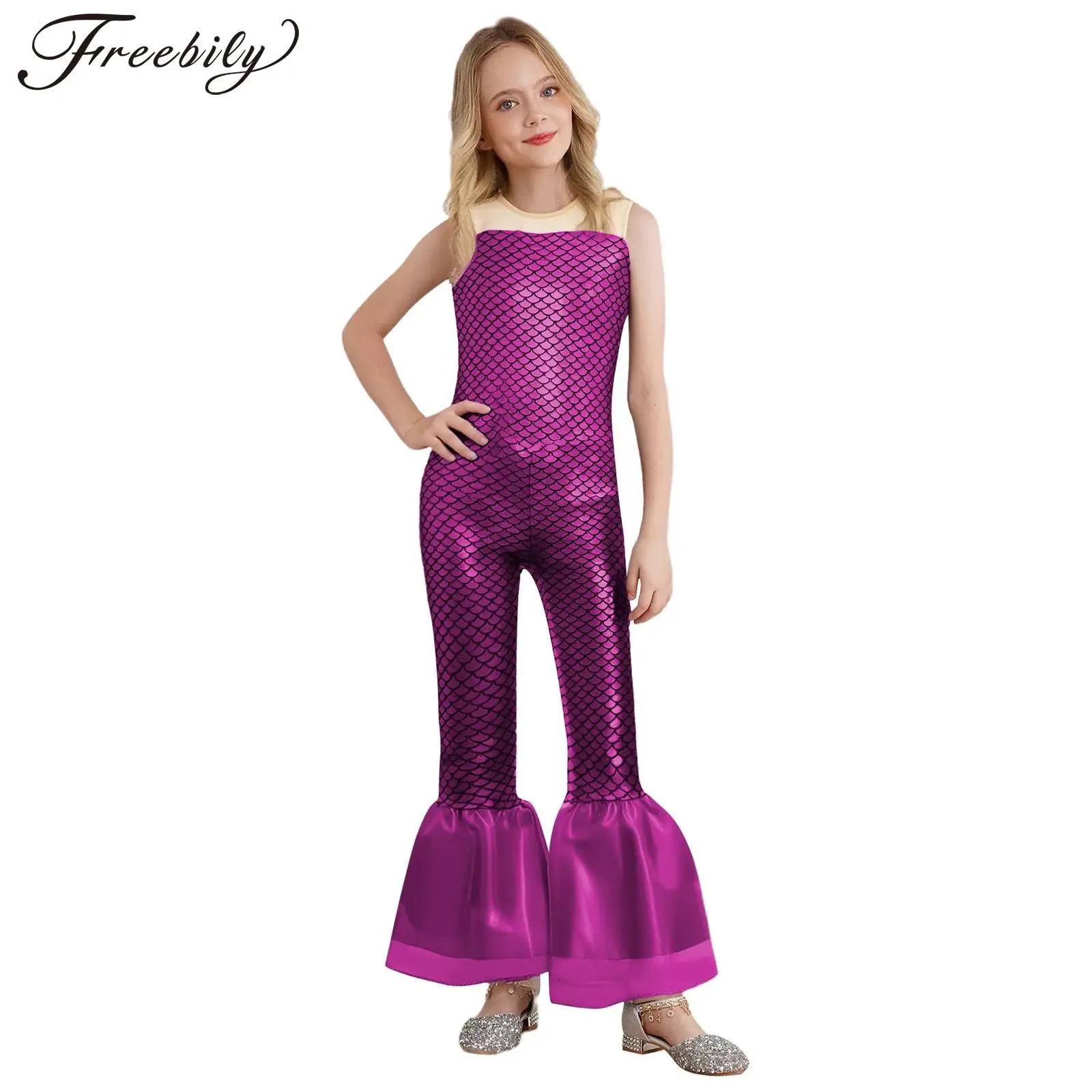 

Girls Fish Scales Print Jumpsuits Carnival Outfit Cosplay Princess Costume Mermaid Flared Jumpsuit Festival Party Costume