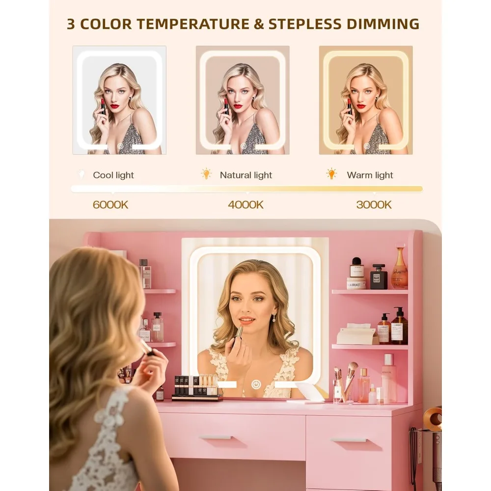 Duże toaletki do makijażu, 110 cm szerokości x 40 cm głębokości x 135 cm wysokości, różowe (duża powierzchnia robocza, inteligentne lustro LED, 4 otwarte półki, 7 szuflad, uchwyt na suszarkę do włosów)