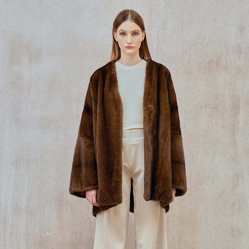 Ftangaiur 겨울 수입 백조 벨벳 밍크 퍼 코트 브이넥 긴 소매 밍크 코트 여성용 루즈핏 부드러운 천연 리얼 밍크 퍼 코트