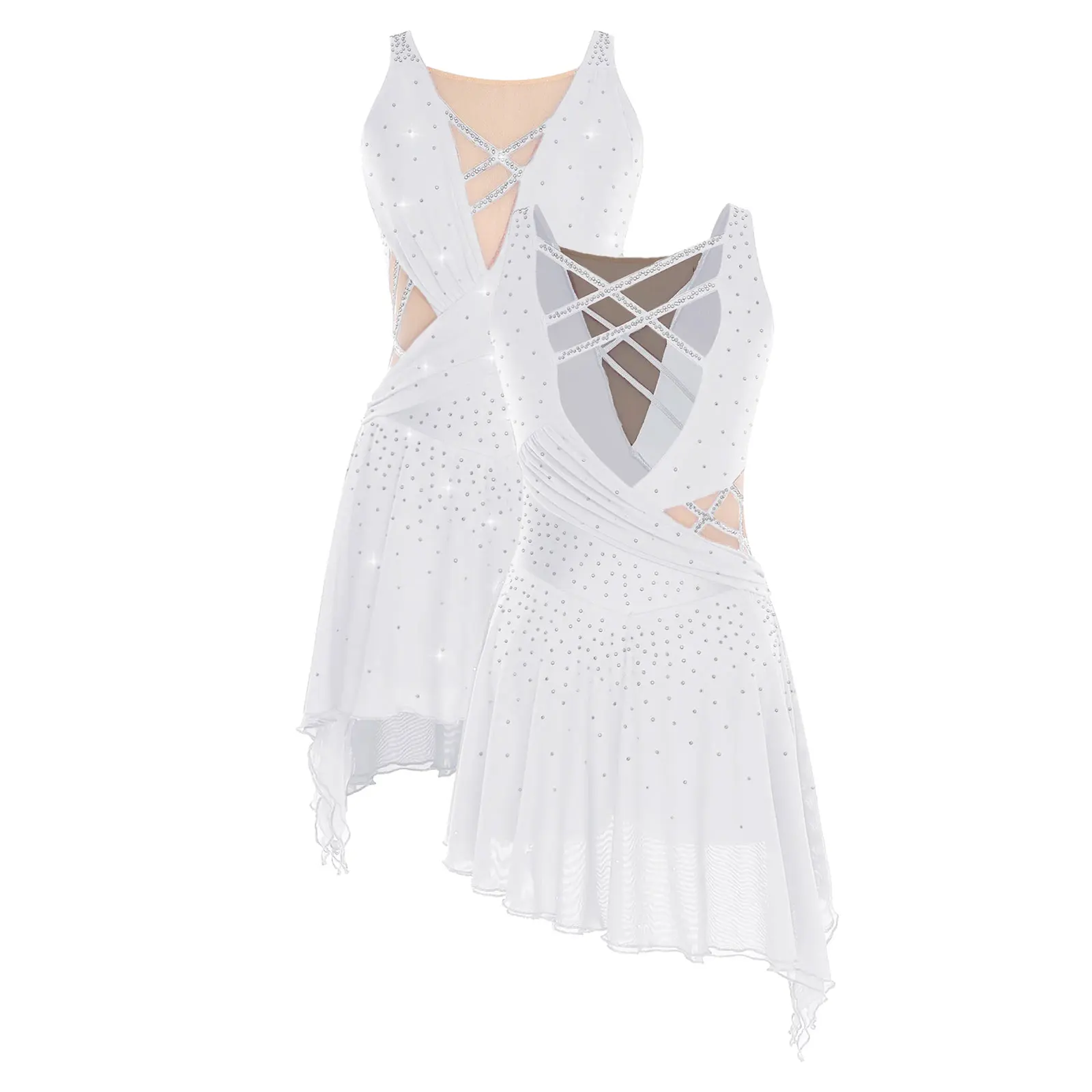 

Womens Lyrical Dance Performance Costume Figure Skating Ballet Jersey Gymnastics Dancewear Sleeveless Rhinestone Leotard Dress