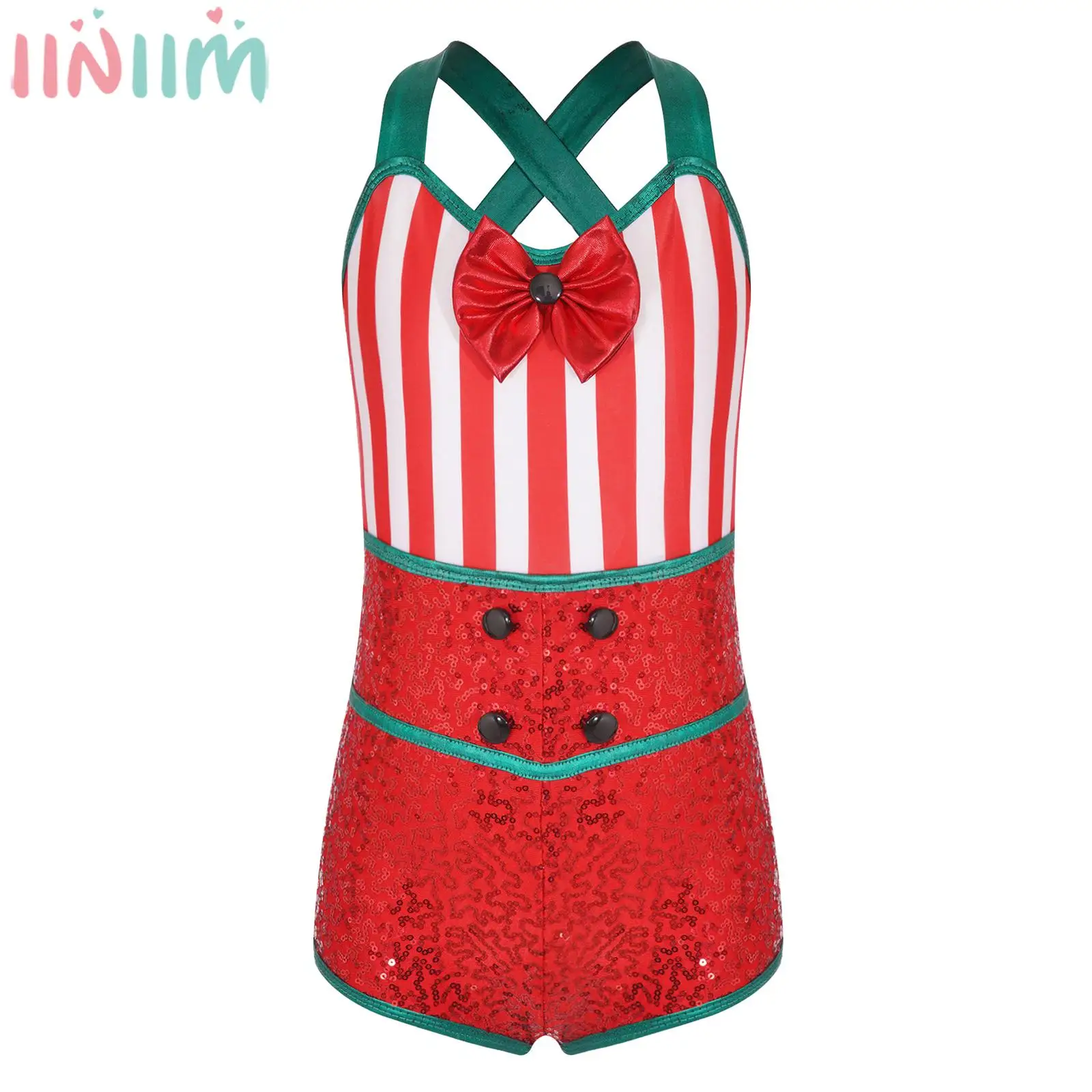 Girls Christmas Striped Candy Cane Bodysuit Carnival Circus Cosplay Costume Sleeveless Ballet Dance Gymnastics Skating Leotard