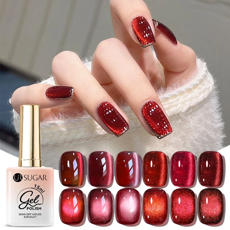 UR SUGAR 15ml 6 Colors Shine Red Winter Christmas Cat Magnetic Gel Nail Polish Sparkling Glitter Semi Permanent Soak Off UV Gel