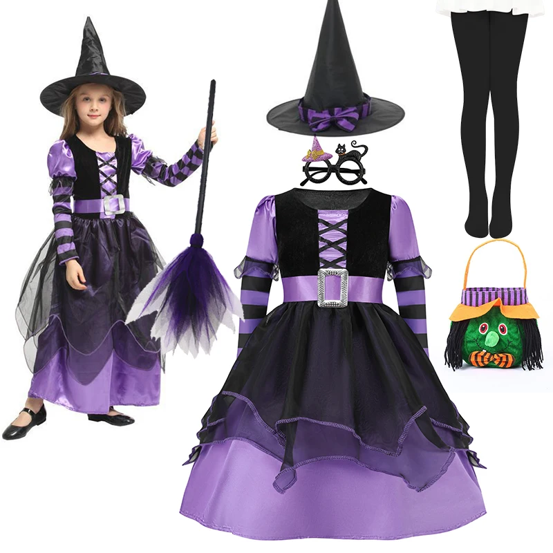 

Witch Costume for Girls Halloween Purim Carnival Party Dress with Witch Hat Gothic Style Tutu Gown with Magical Details