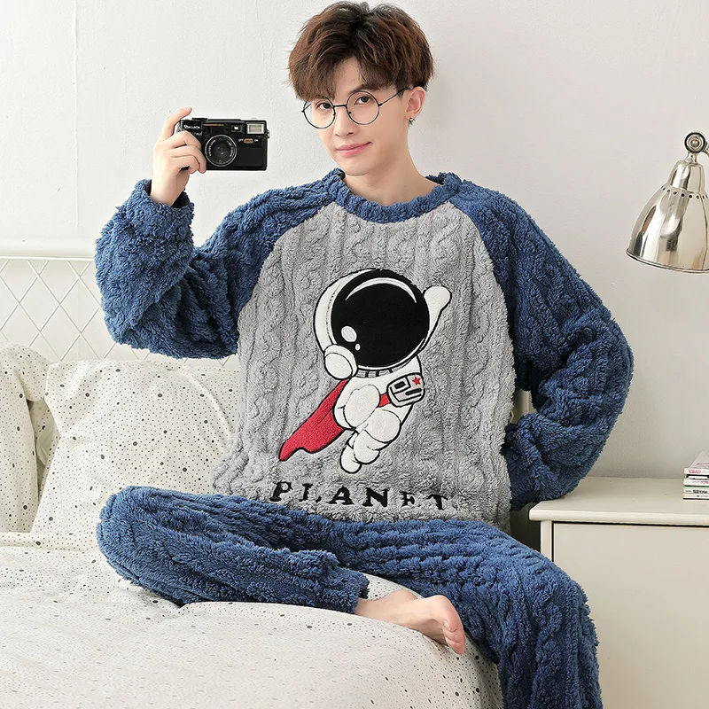 Cartoon Disney men\'s pajamas winter new Stitch thickened coral fleece flannel two-piece set loose loungewear men\'s pajamas