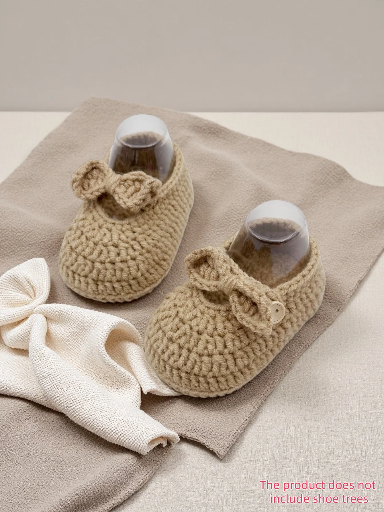 

1 Pair Handmade Crochet Baby Booties with Bow and Button Accents, Khaki, Soft Knit Newborn Shoes