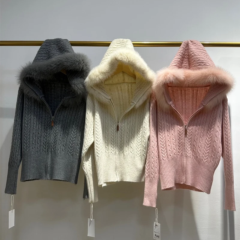 2025 New Arrival Women Autumn Real Fox Fur Collar Hoodie Slim Sweater Girl's Pink Hooded Sweater Jacket Coat