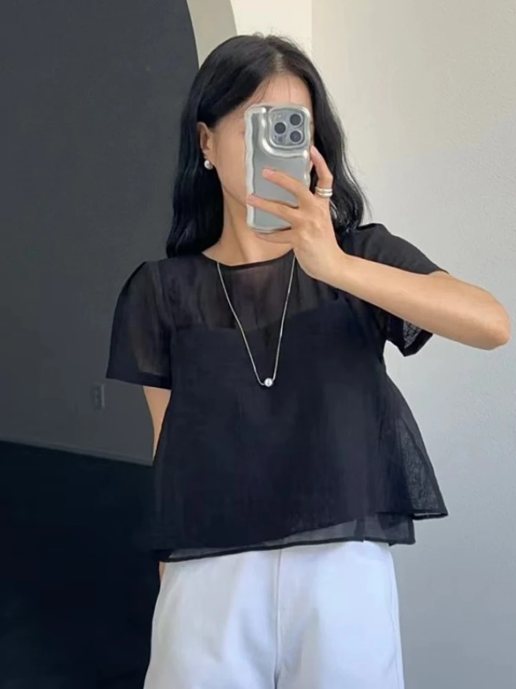 여성 여름 신상 부드러운 스타일 라운드넥 버블 소매 셔츠 쉬폰 탑 투피스 세트 텍스처감 있는 반팔 블라우스