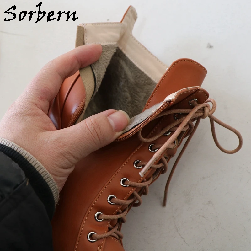 Sorbern Brown Ankle Boots For Women Lace Up Thin Platform Block High Heels Winter Style Warm Plush Short Booties Custom 33-48