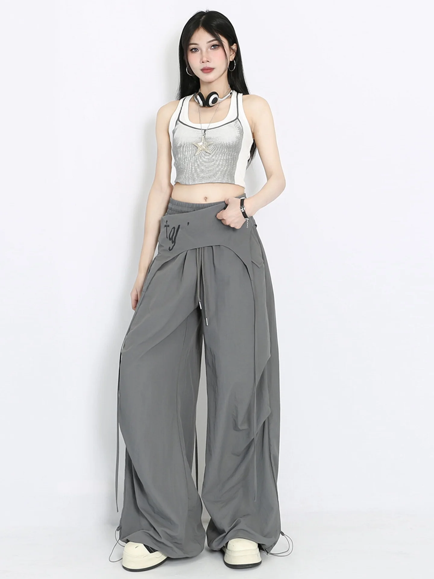 Americano retro high street calças de perna larga feminina solta rugas casual jazz dança calças camadas roupas calças compridas