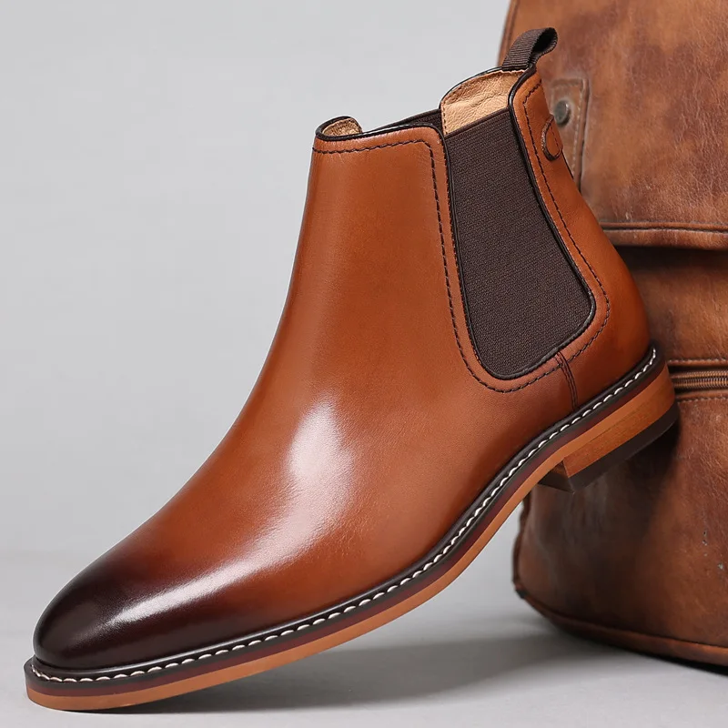Fashion Mens Short Chelsea Boots Luxury Genuine Leather 2026 Spring New Outdoor Elegant Black Ankle Wedding Social Shoes Man