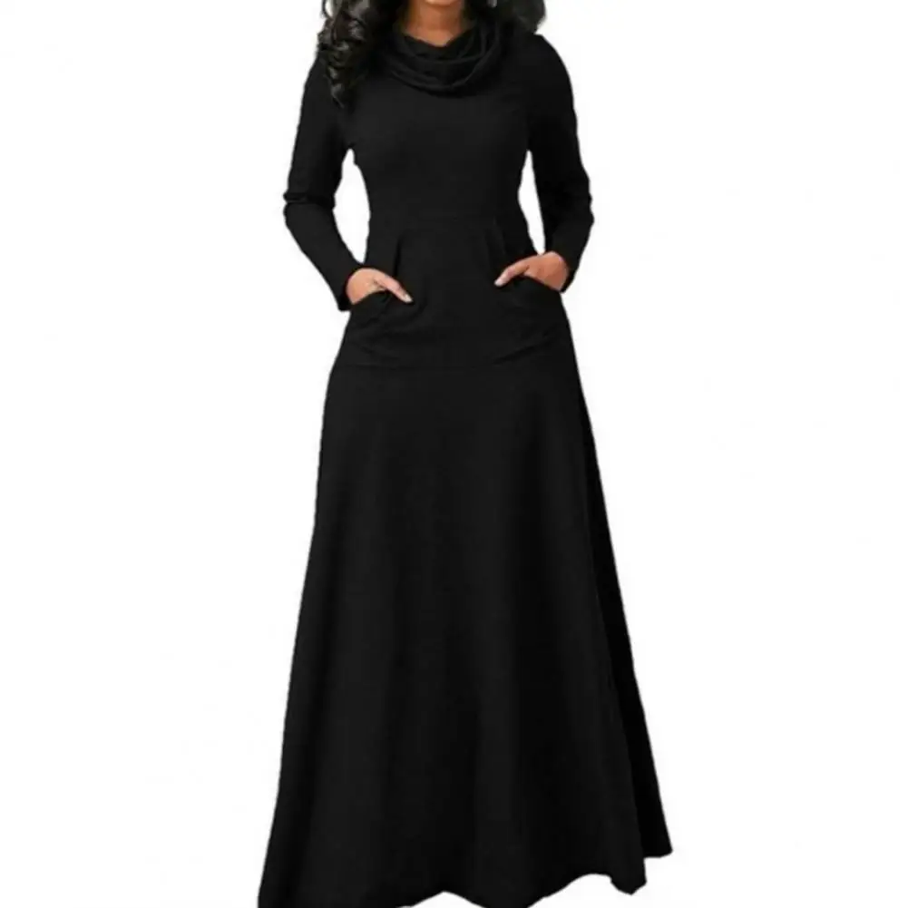 Size 4XL Elegant Long Maxi Dress Autumn Winter Warm High Collar Women Long-sleeved Dress 2023 Woman Clothing With Pocket