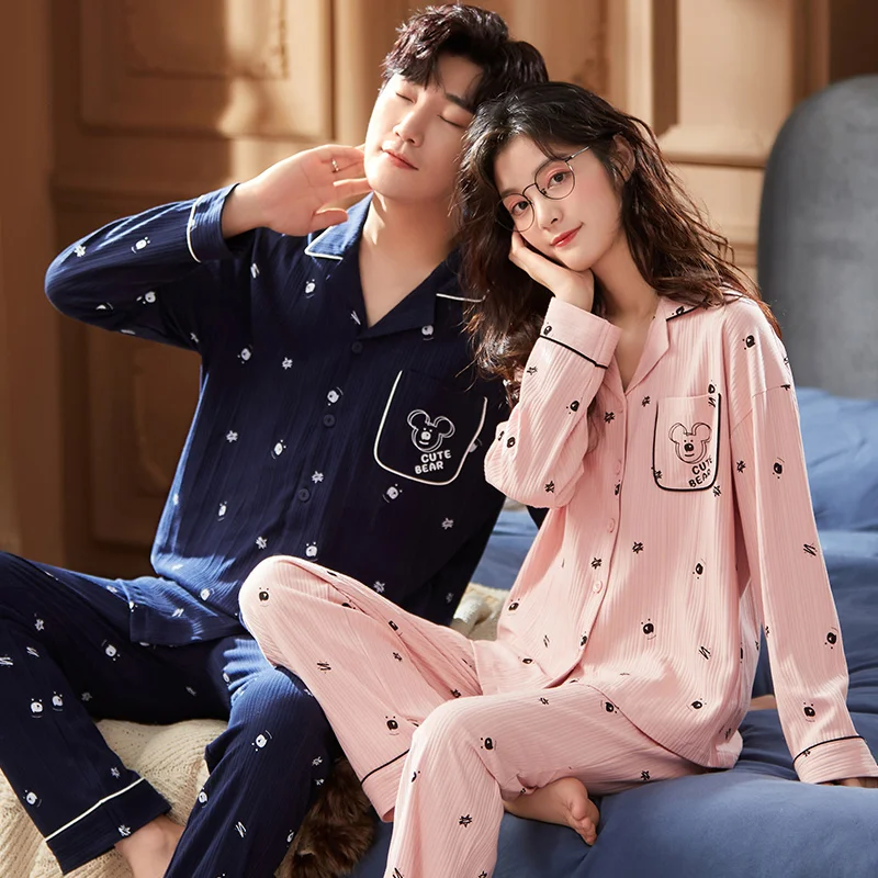 Spring Autumn Couples Cotton Sleepwear Long Sleeve Sleep  Top & Pant Men's Pajamas Set Women's Korean Fashion Pyjamas Pjs Home