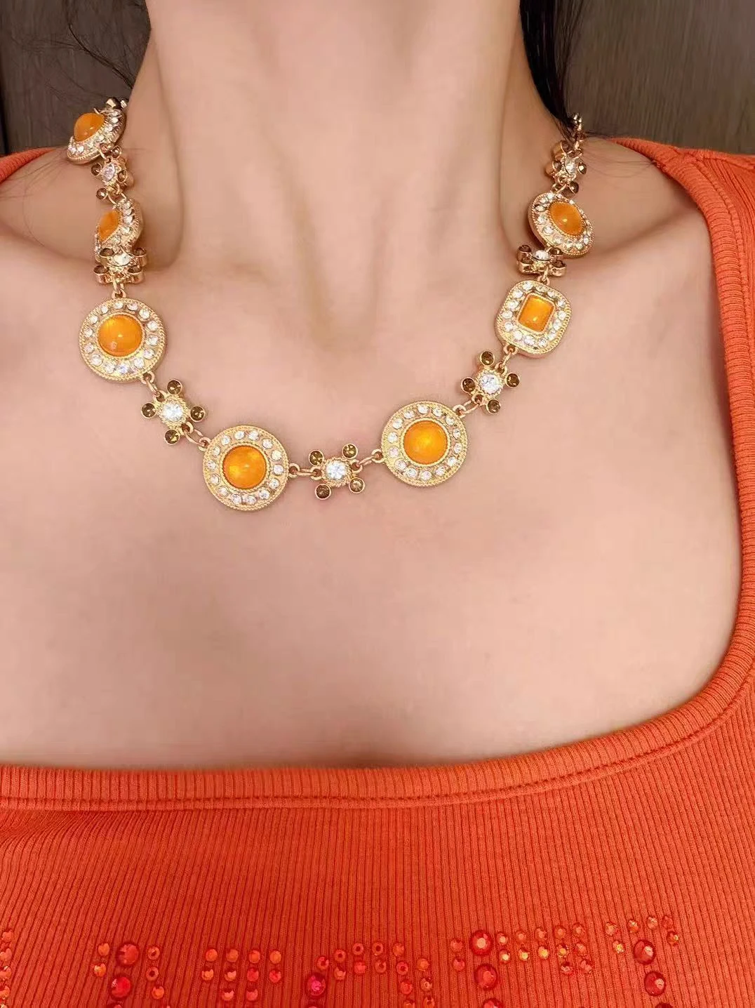 Electroplated real gold orange round diamond silver needle earrings bracelets necklaces  colar feminino jewelry
