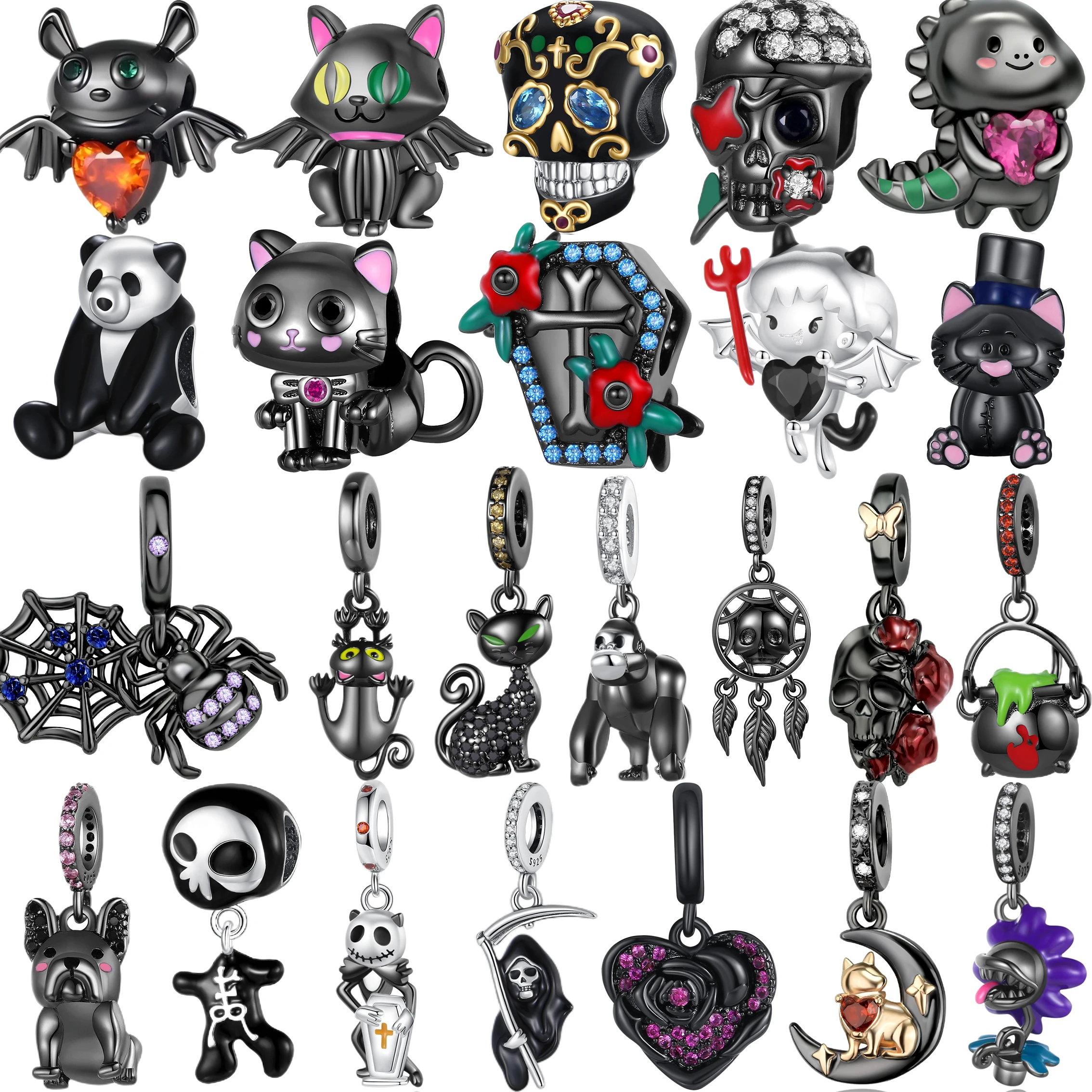 

Стерлингового Серебра 925 пробы, черный Хэллоуин, скелет, кошка, летучая мышь, бусины, подвеска, ювелирные изделия, подходит для оригинального браслета 925, подарок своими руками для женщин