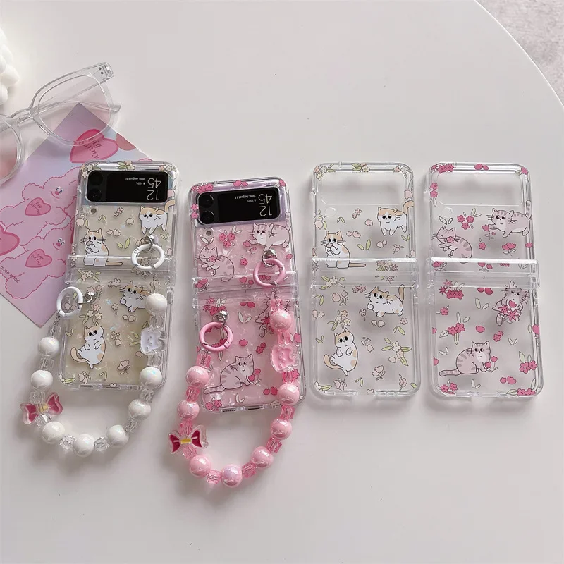 Linda flor gato transparente caso de telefone para samsung galaxy z flip6 4 3 capa dura para zflip5 zflip4 suporte escudo sólido