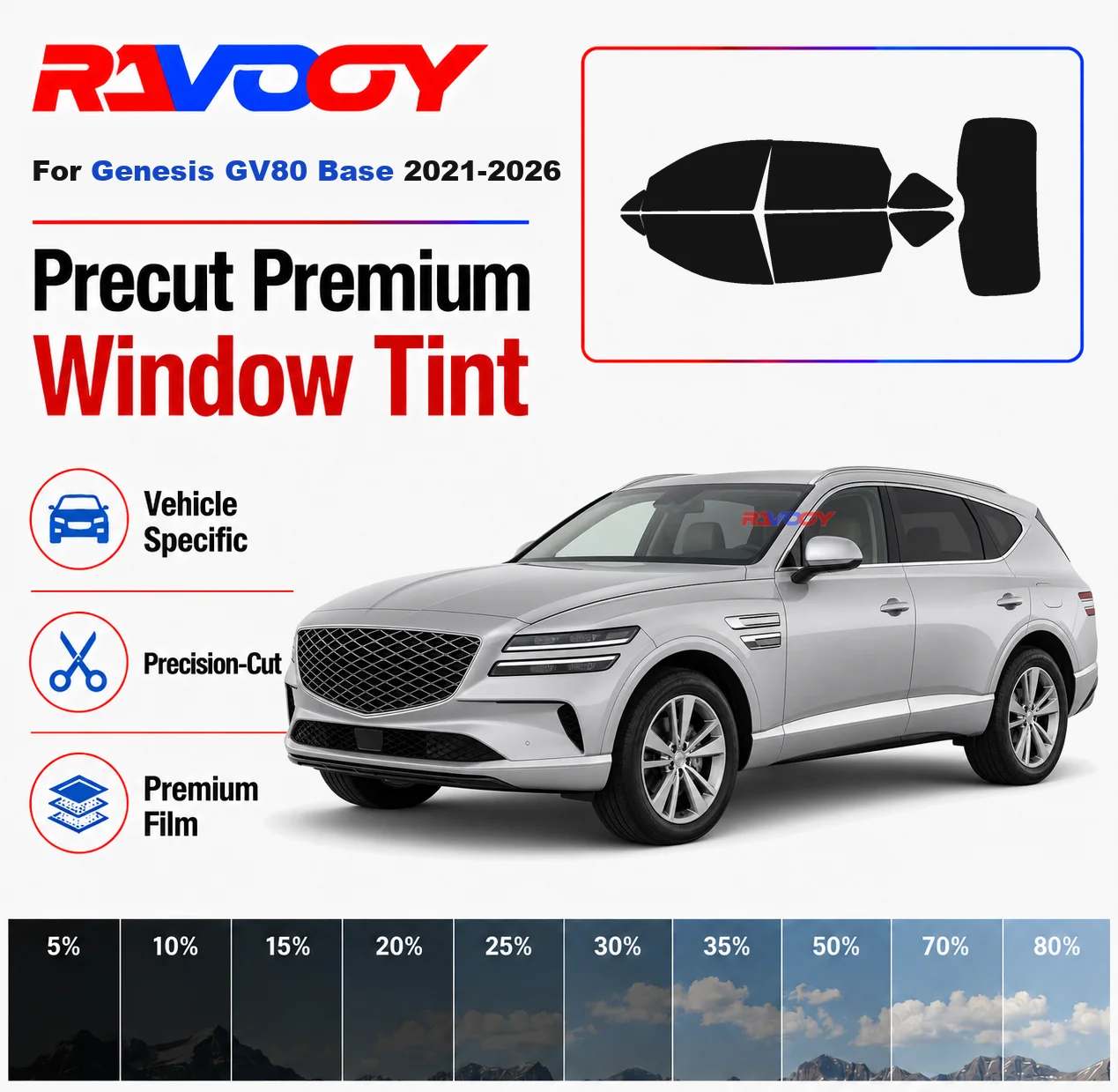 

Premium Precut Window Tint Kit Front Rear Windows Rear Windshield For Genesis GV80 Base 2021-2026 Complete Set Nano Ceramic Film
