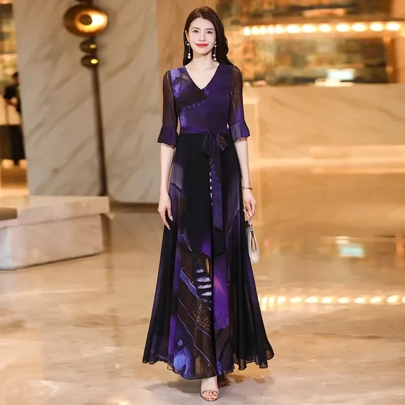 2024 Summer Women New French High-end Dress Female With A Slim Large Hem With A Waistband Printed Lotus Leaf Sleeves Long Skirt