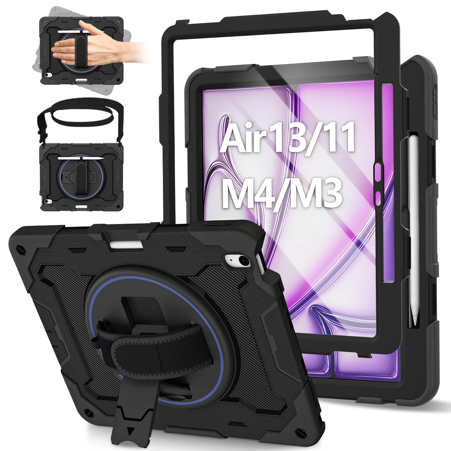 Case For iPad Air 13 11 2026 2025 4G 5G  Heavy Duty Rotating Shockproof Stand Hand Shoulder Strap Black