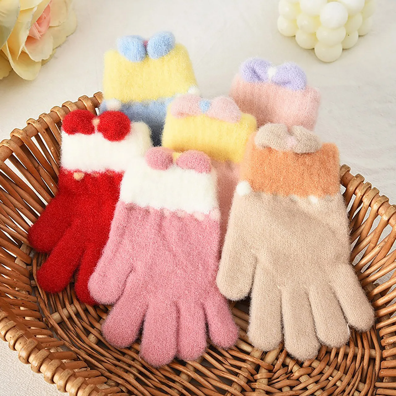 겨울용 따뜻한 핑크 리본 소녀 장갑 어린이 니트 리본 장갑 아기 손난로 어린이 5-10세 분리형 손가락 장갑