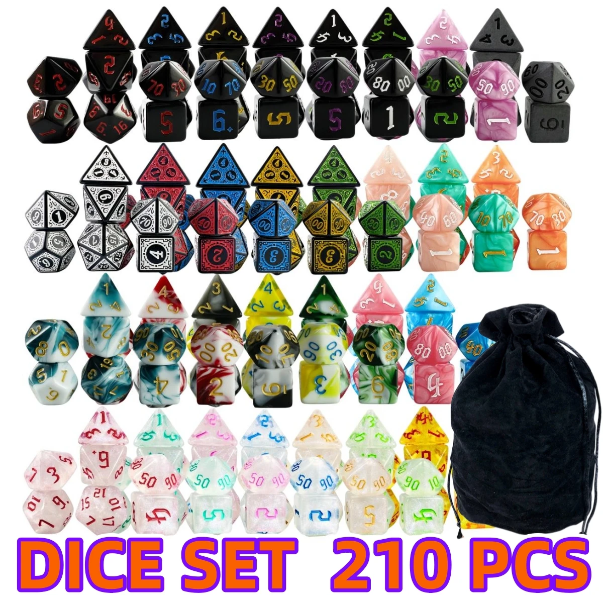 

Dormia Dice 210PCS ,30 set Assorted Polyhedral Dice with Velvet Bag D4 D6 D8 D% D10 D12 D20,for DND Game RPG Board Games Dice