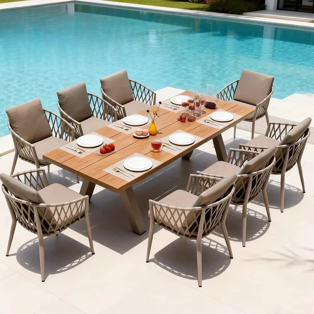 Luxury Rope Hand Woven Waterproof Lightweight Modern Outdoor Table Set with Plastic Wood Top Table Chair for Villa Patio Lounge